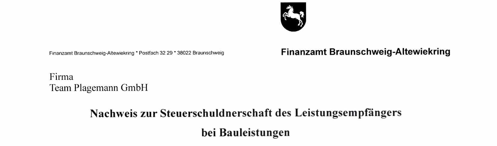 Nachweis Steuerschuldnerschaft §13b | Heizung | Sanitär | Lüftung | Wartung | Notdienst | Alternative Energien | Team Plagemann | Braunschweig | Salzgitter | Wolfenbüttel | Helmstedt | Wolfsburg