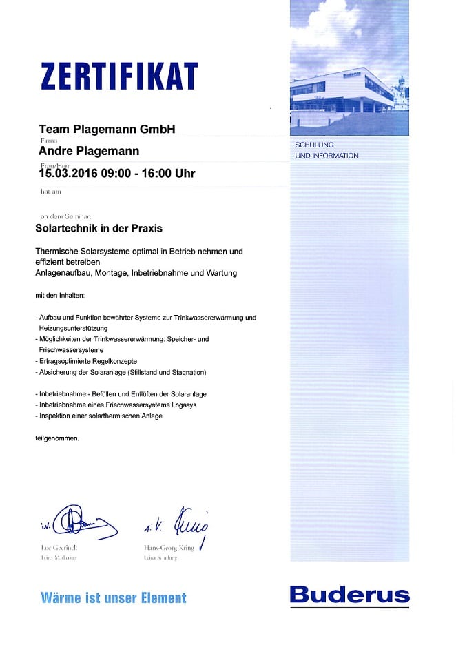 Heizung - Solar | Buderus Zertifikat | Heizung | Sanitär | Lüftung | Wartung | Notdienst | Alternative Energien | Team Plagemann | Braunschweig | Salzgitter | Wolfenbüttel | Helmstedt | Wolfsburg